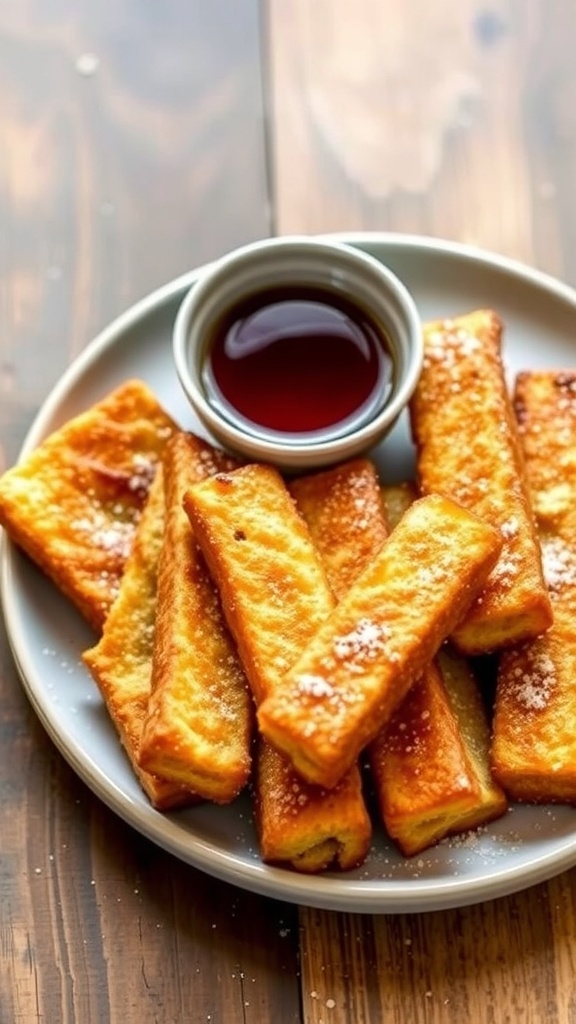 Crispy Air Fryer French Toast Sticks Recipe Crispy air fryer French toast sticks served with maple syrup on a rustic table.